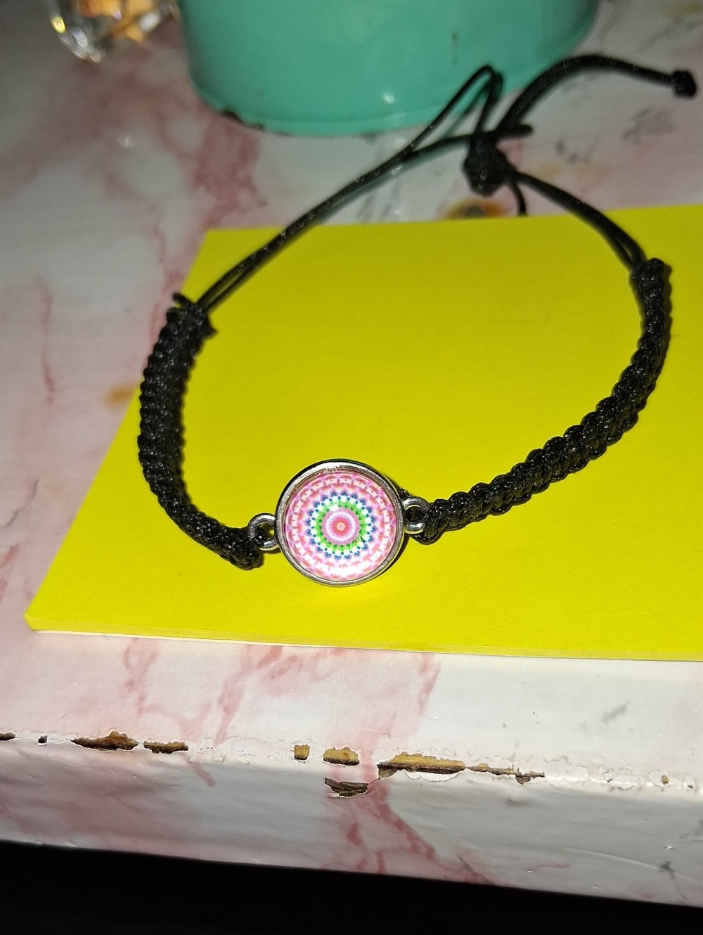 Black Cord Bohemian Pink Mandala Bracelet